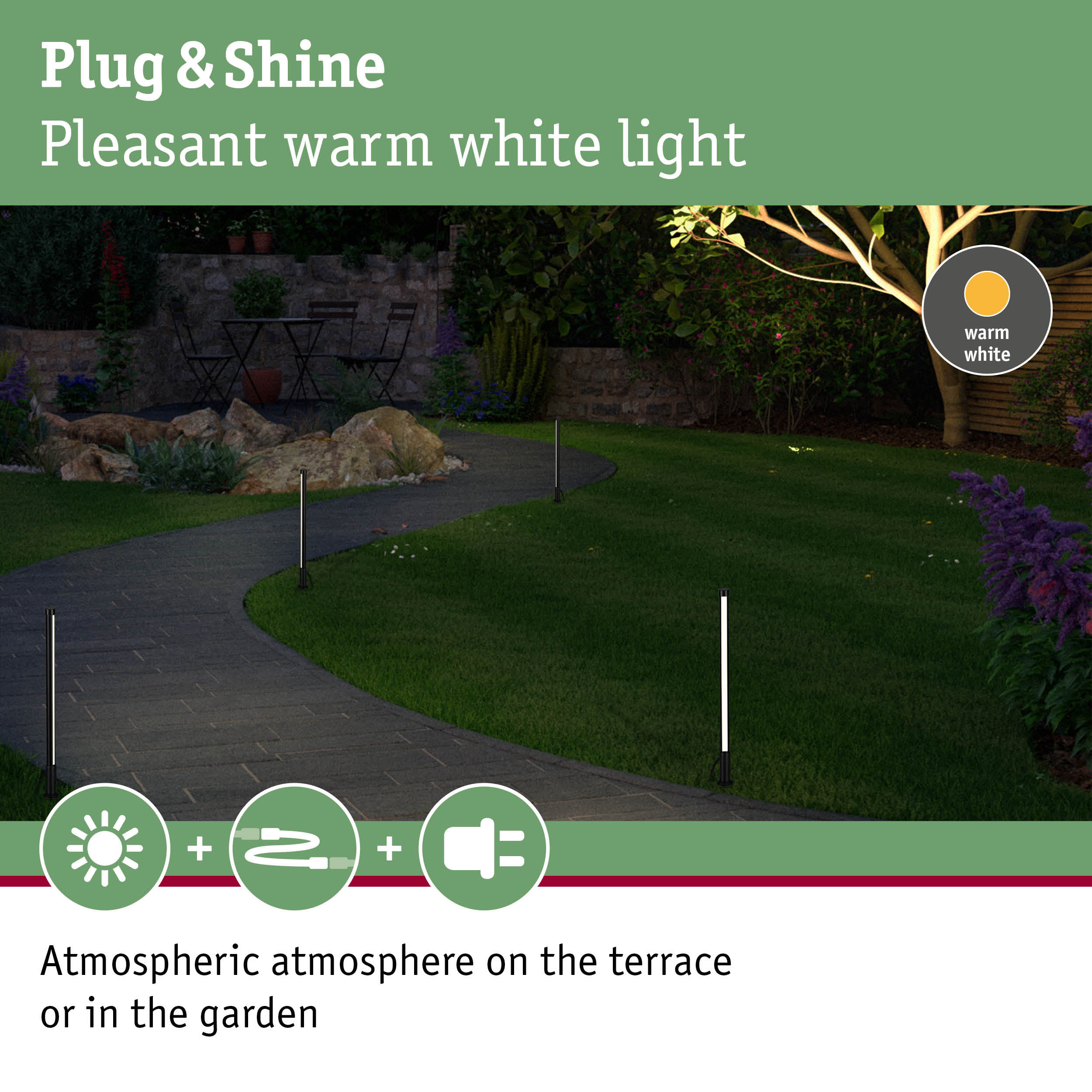 Plug & Shine warm white LED outdoor lights illuminating garden path and terrace area