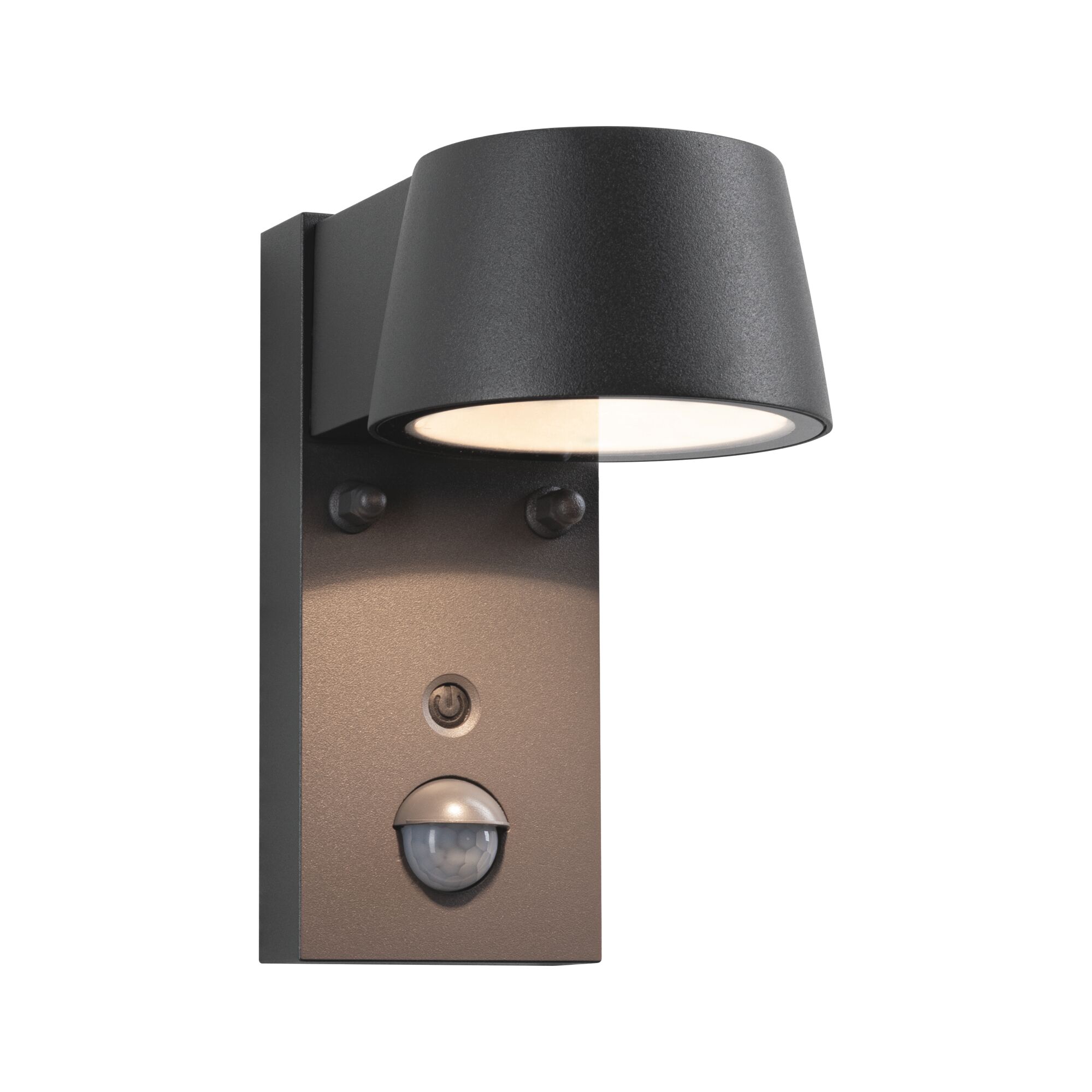 Modern black metal outdoor wall light with motion sensor and warm white LED illumination