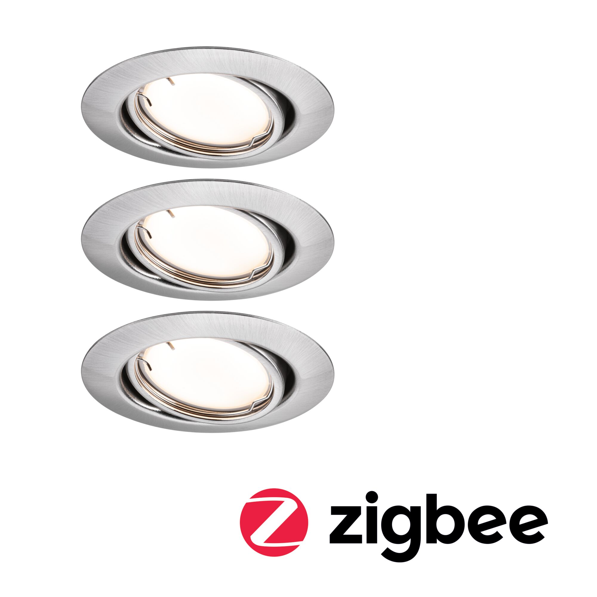 Drie ronde inbouwspots van geborsteld zilverkleurig aluminium met Zigbee slimme verlichtingsfunctie