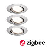 Drie ronde inbouwspots van geborsteld zilverkleurig aluminium met Zigbee slimme verlichtingsfunctie