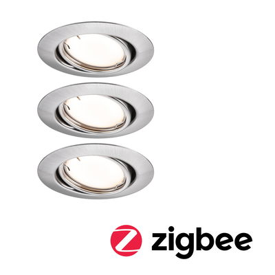 Drie ronde inbouwspots van geborsteld zilverkleurig aluminium met Zigbee slimme verlichtingsfunctie