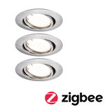 Three round recessed spotlights in brushed silver aluminum with Zigbee smart lighting compatibility