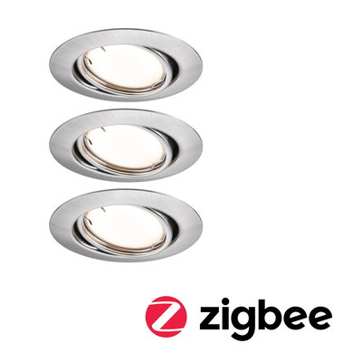 Three round recessed spotlights in brushed silver aluminum with Zigbee smart lighting compatibility