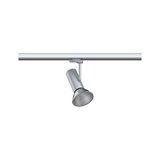 Silberner LED-Strahler aus Metall an Schienensystem für flexible Beleuchtung im Innenraum