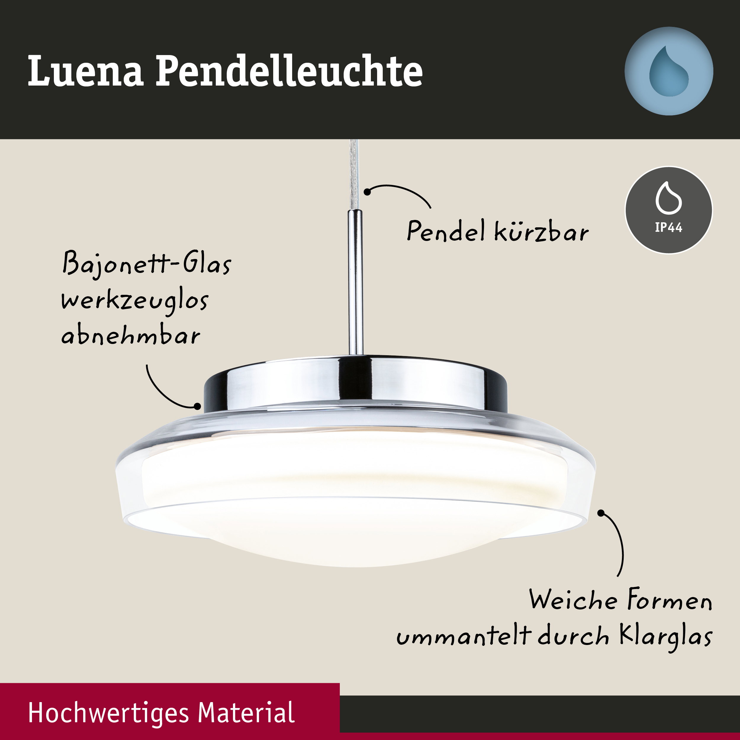 Luena Pendelleuchte mit Bajonett-Glas und verchromtem Metall in Weiß und Silber, IP44 Schutz