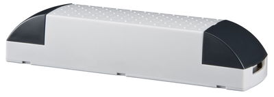 White plastic cable duct with black end caps, cable management for neat installation