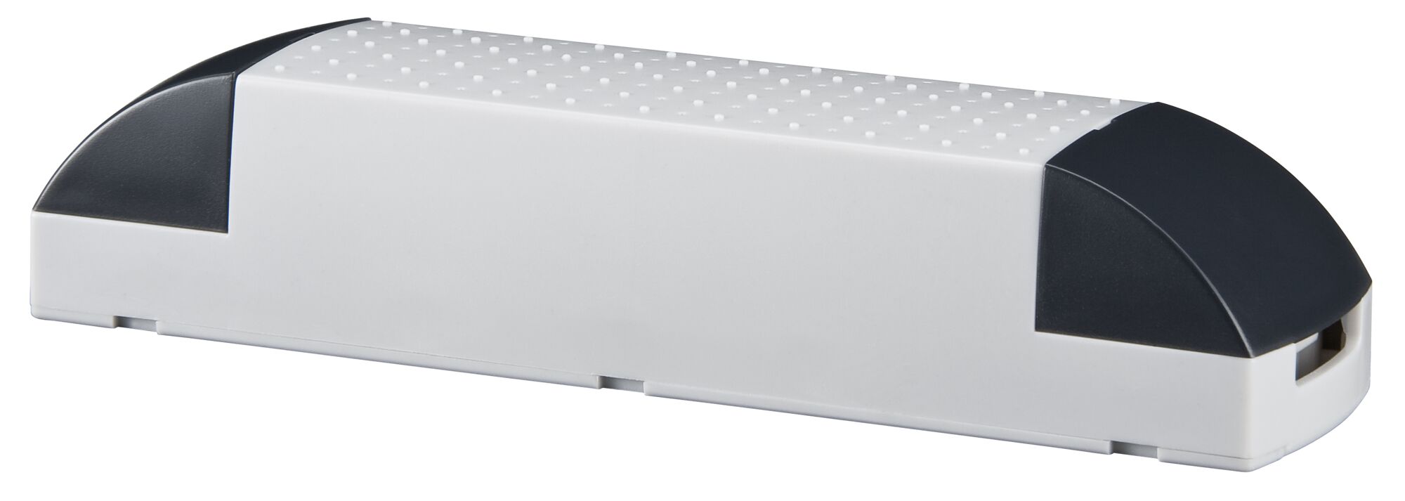 Witte kunststof kabelgoot met zwarte eindkappen, kabelbeheer voor nette installatie