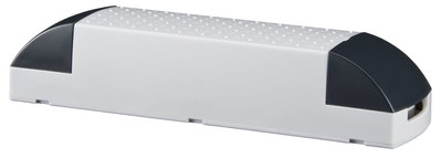 White plastic cable duct with black end caps, cable management for neat installation