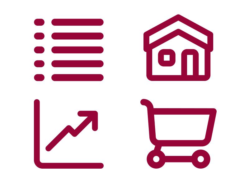 Vier rote Symbole für Liste, Haus, Wachstumsgrafik und Einkaufswagen auf weißem Hintergrund