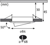 Technical drawing of round LED recessed spotlight with 84 mm diameter and 50-degree tilt