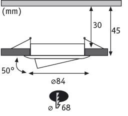 Technical drawing of round LED recessed spotlight with 84 mm diameter and 50-degree tilt