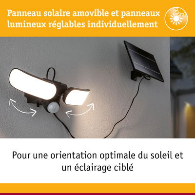 Éclairage solaire noir avec deux panneaux LED réglables fixé sur mur gris pour un éclairage extérieur ciblé