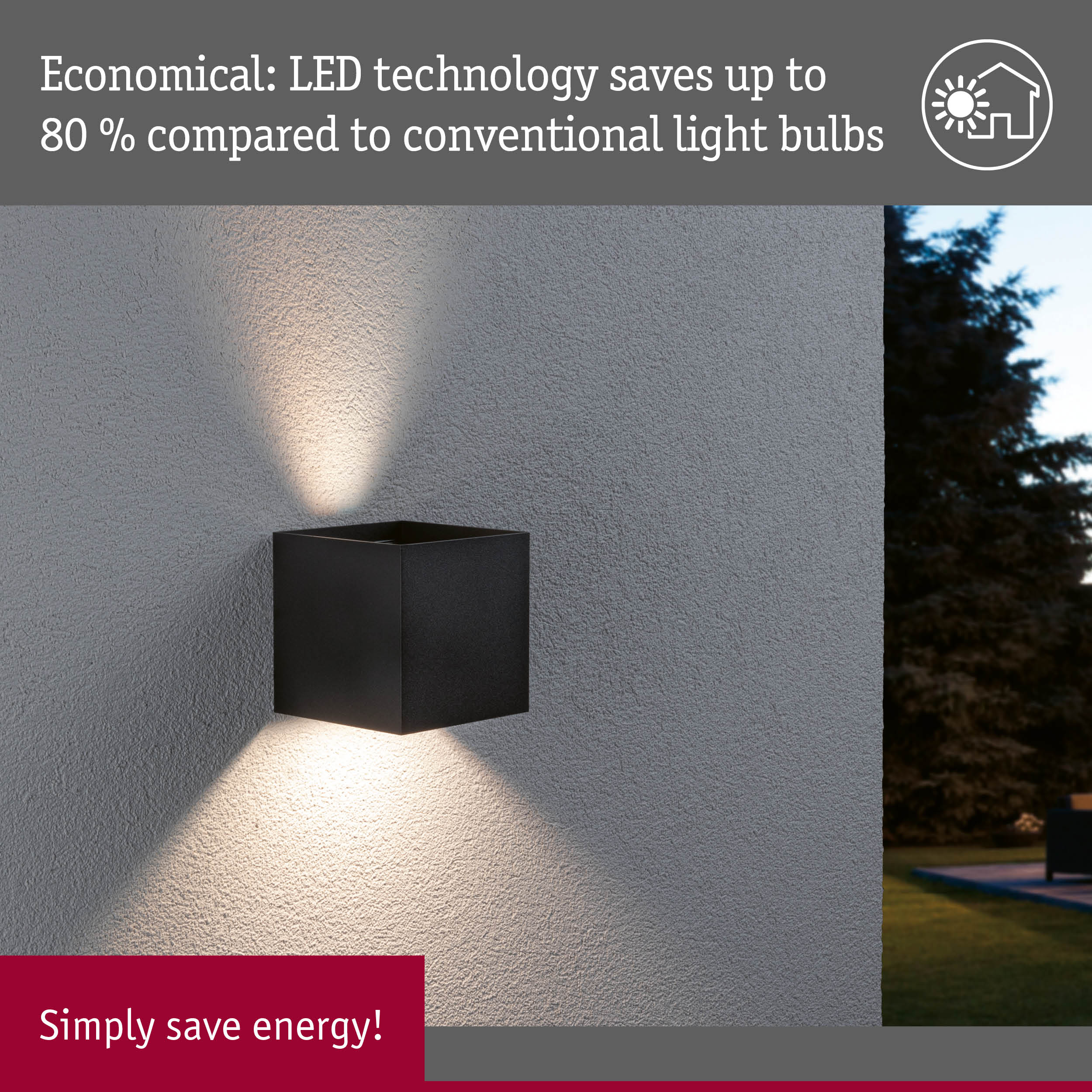 Black metal LED wall light with energy-saving illumination on grey exterior wall