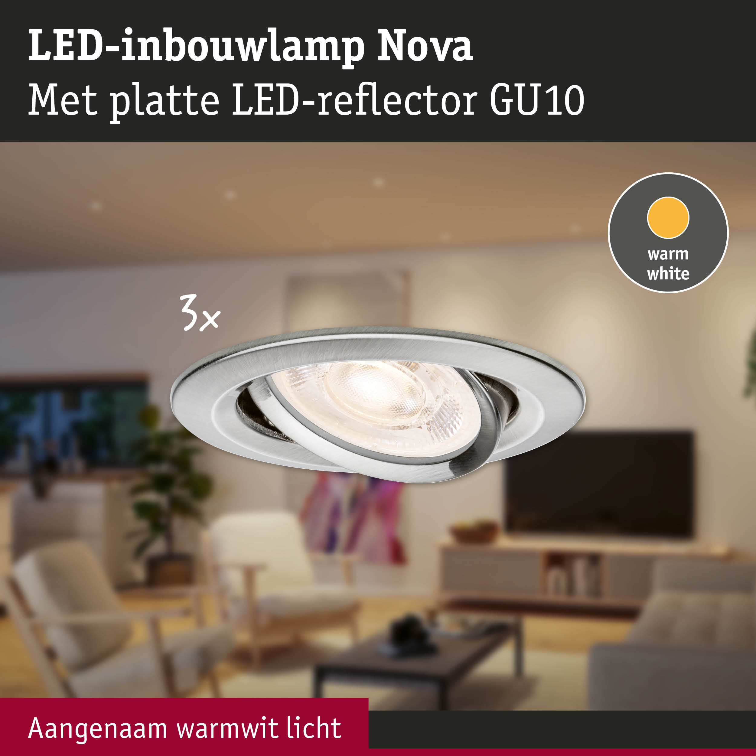 LED-inbouwlamp Nova van geborsteld metaal met warm wit licht voor woonkamers