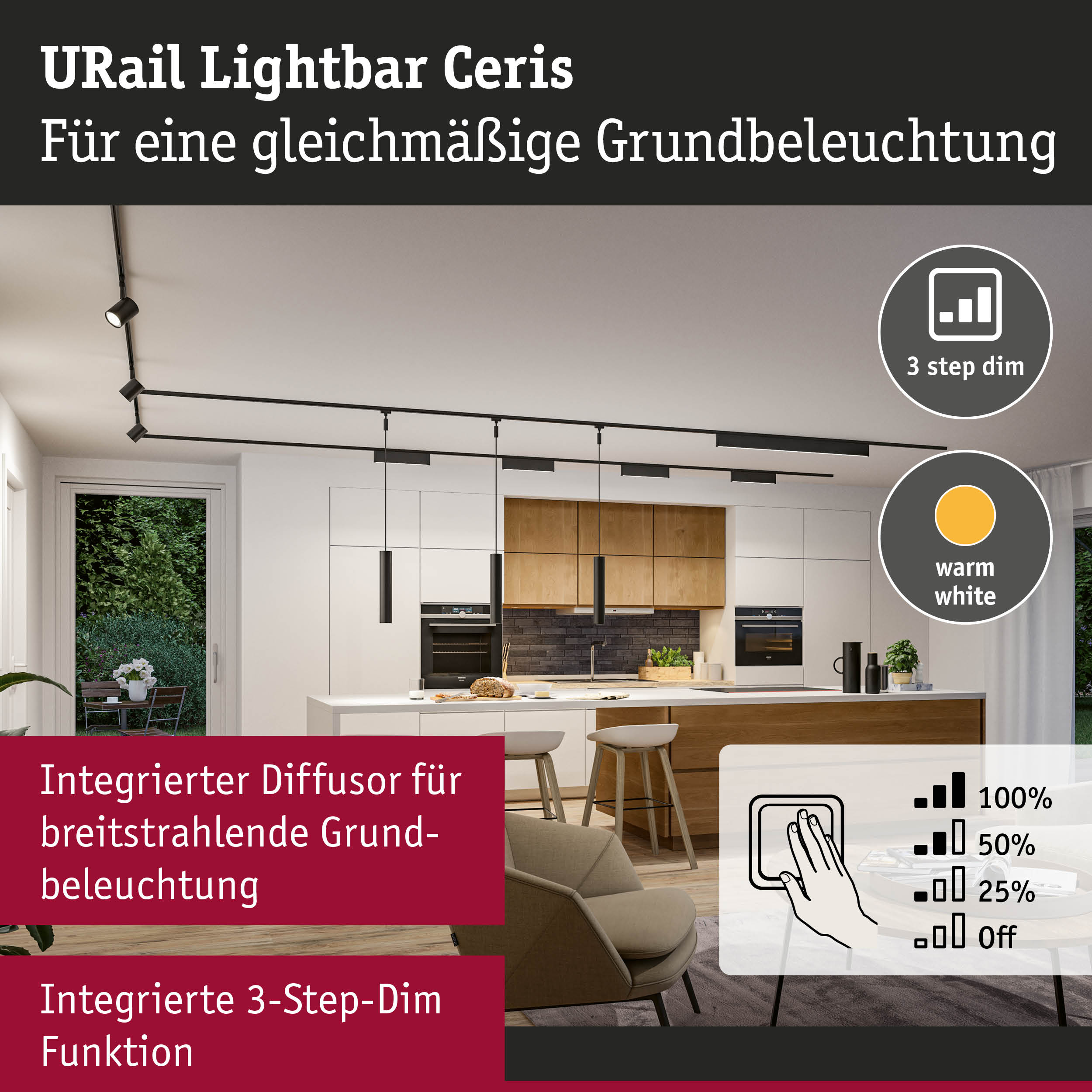 Schwarzes URail Lightbar Ceris Schienensystem mit 3-Step-Dim Funktion für gleichmäßige Grundbeleuchtung
