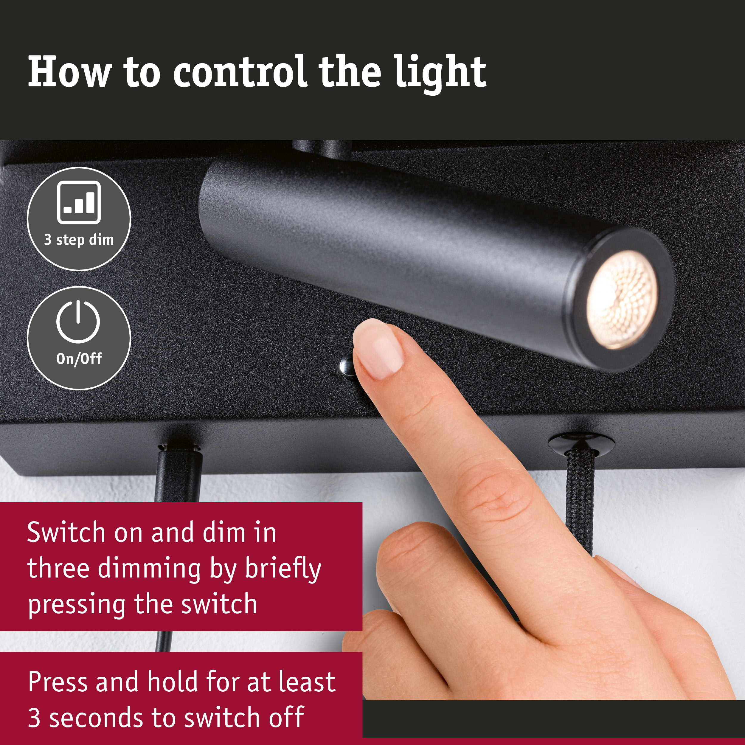 Black LED lamp with 3-step dimming and on/off switch, finger pressing control for lighting
