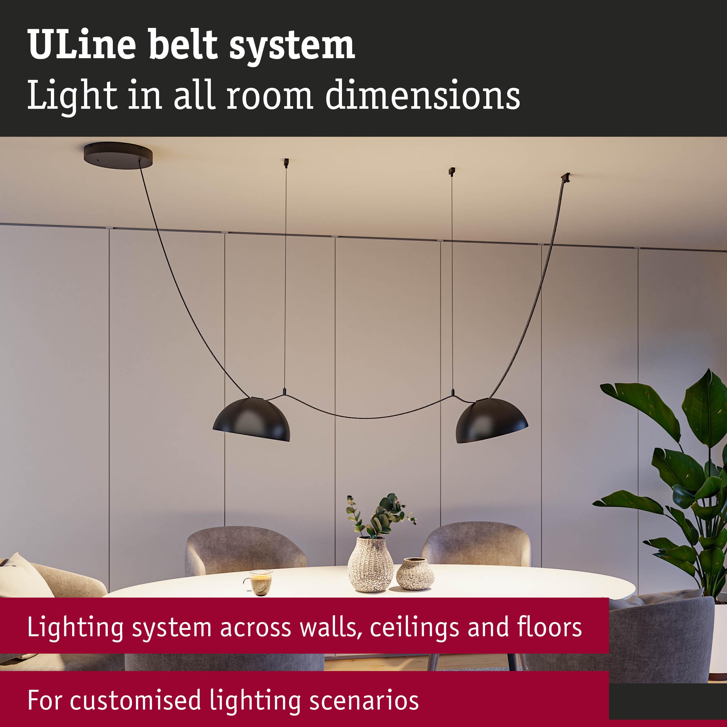 ULine Belt System with black pendant lights over round dining table for customizable room lighting