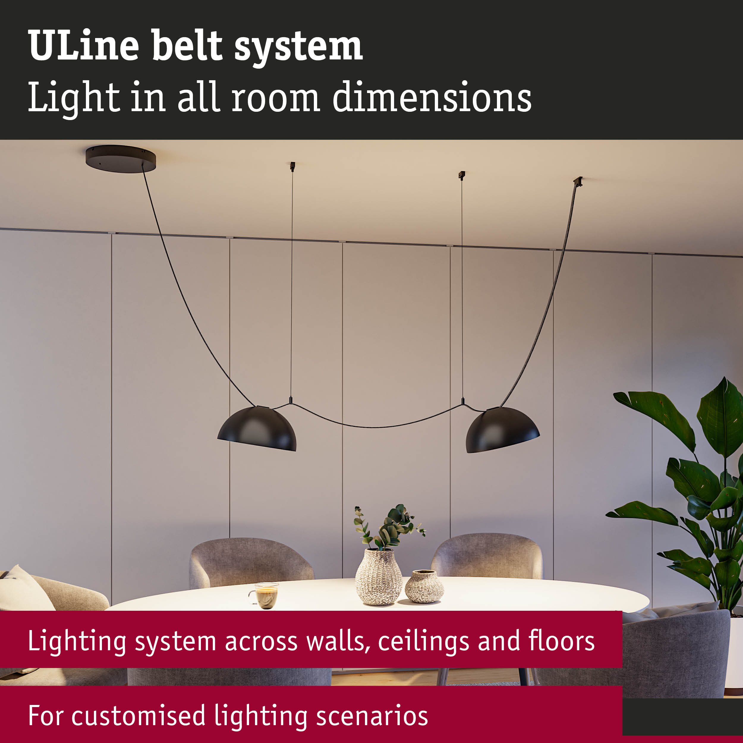 Modern ULine lighting system with black pendant lamps above round dining table in living room