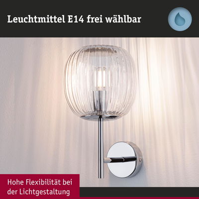 Moderne Wandleuchte mit klarem geripptem Glas und verchromtem Metall, E14 Leuchtmittel flexibel wählbar