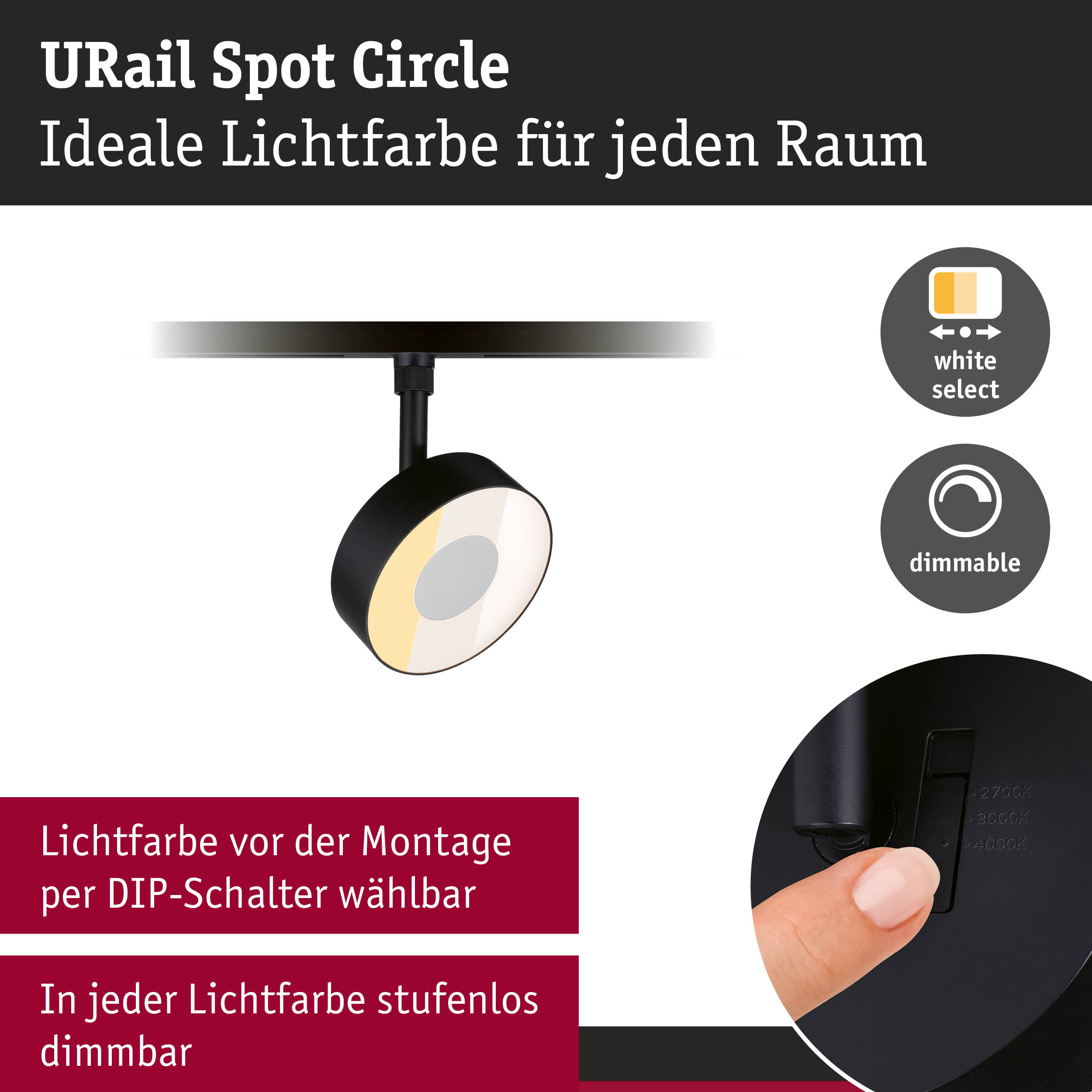 Schwarzer URail Spot Circle Strahler mit einstellbarer Lichtfarbe und stufenlos dimmbar per DIP-Schalter