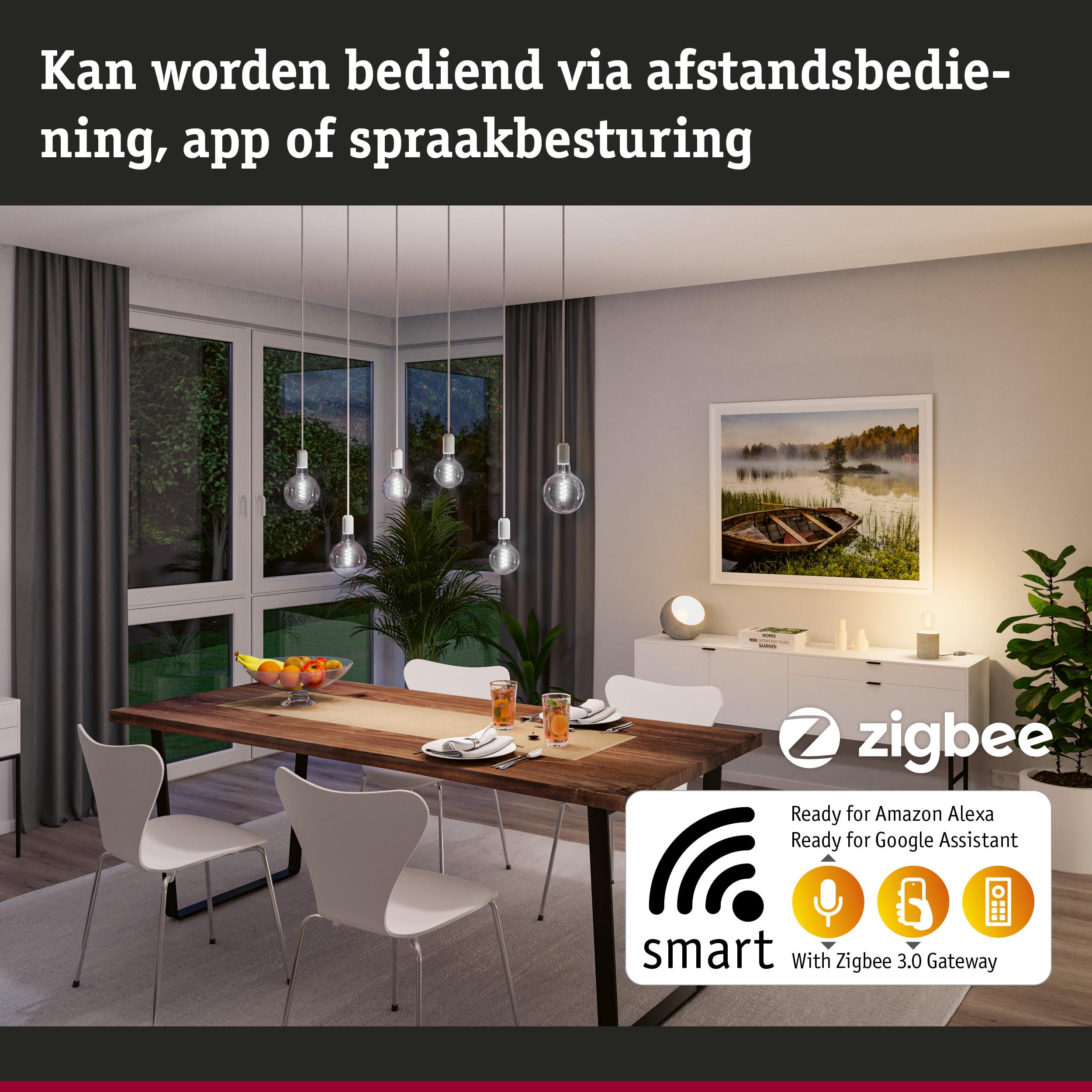 Modern eetkamer met slimme LED-lampen, bedienbaar via app, spraakbesturing en afstandsbediening