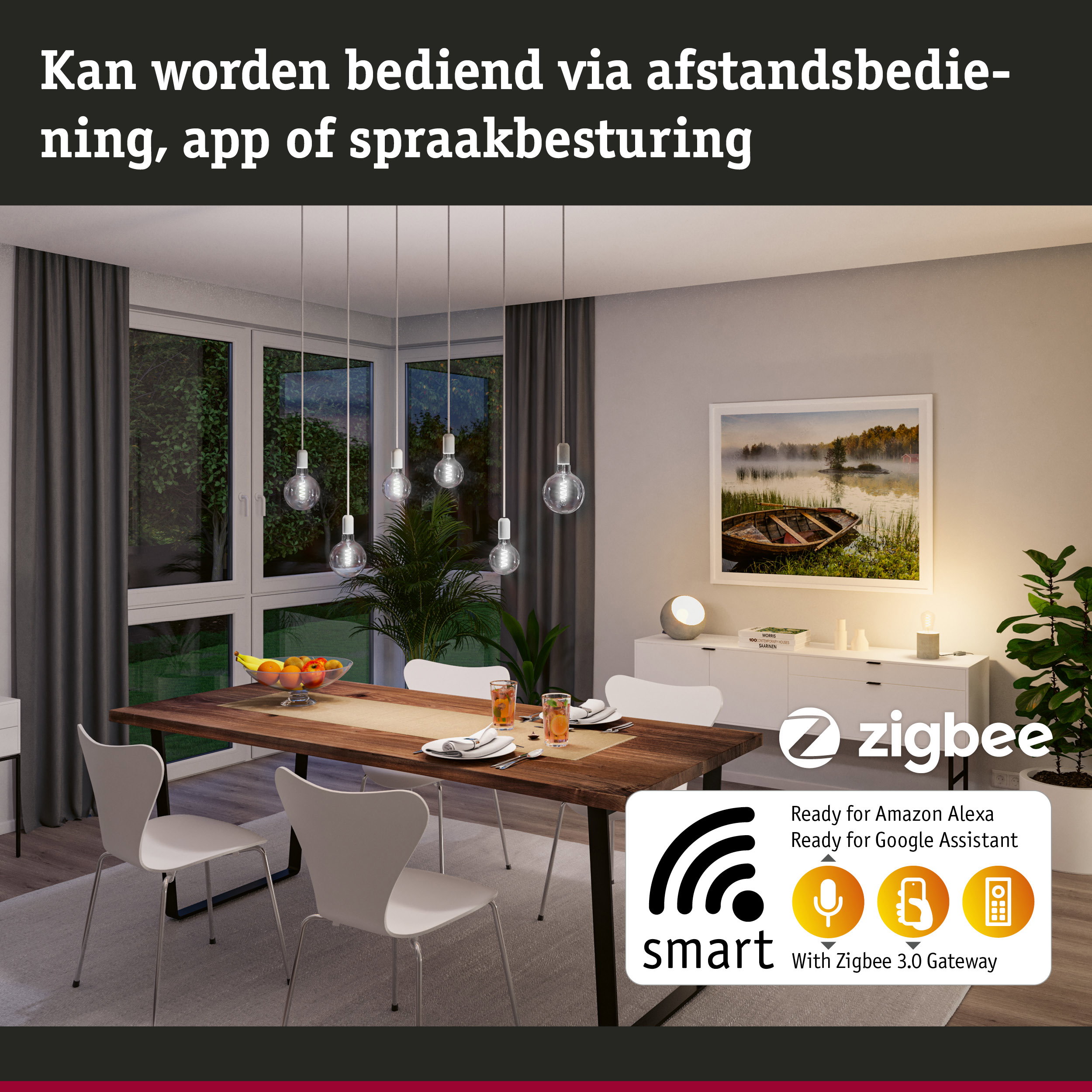 Moderne eetkamer met slimme LED-lampen bedienbaar via app, afstandsbediening of spraakbesturing