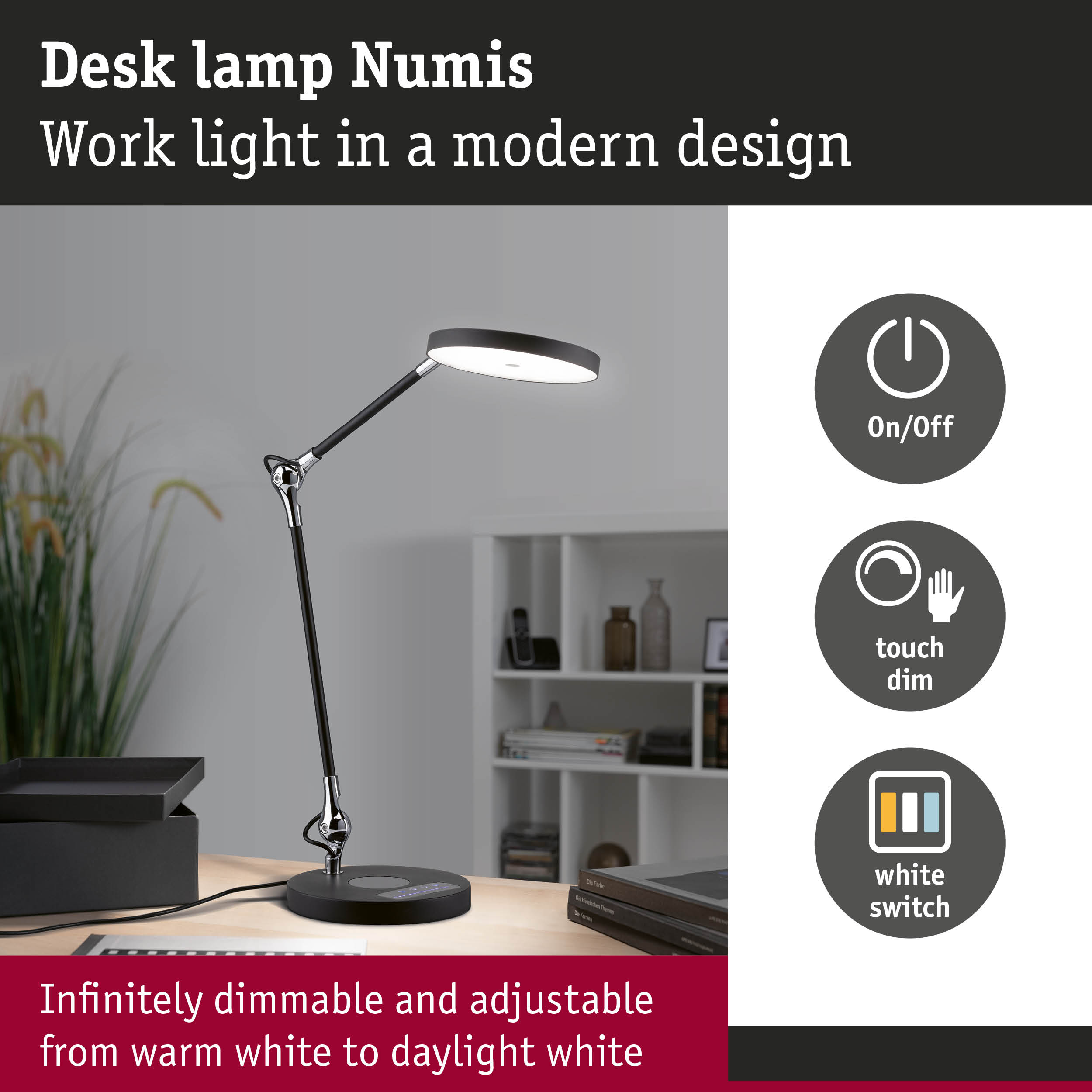 Black LED desk lamp Numis with touch dimmer and adjustable light from warm to daylight white