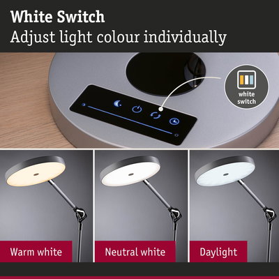 Modern LED desk lamp with adjustable light colour modes in warm white, neutral white, and daylight.