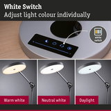 Modern LED desk lamp with adjustable light colour modes in warm white, neutral white, and daylight.