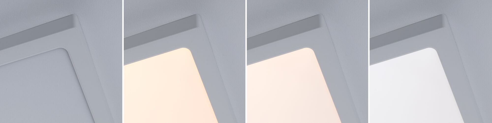 Vier Ansichten einer weißen LED-Deckenleuchte mit dimmbarer Lichtfarbe für Wohnräume