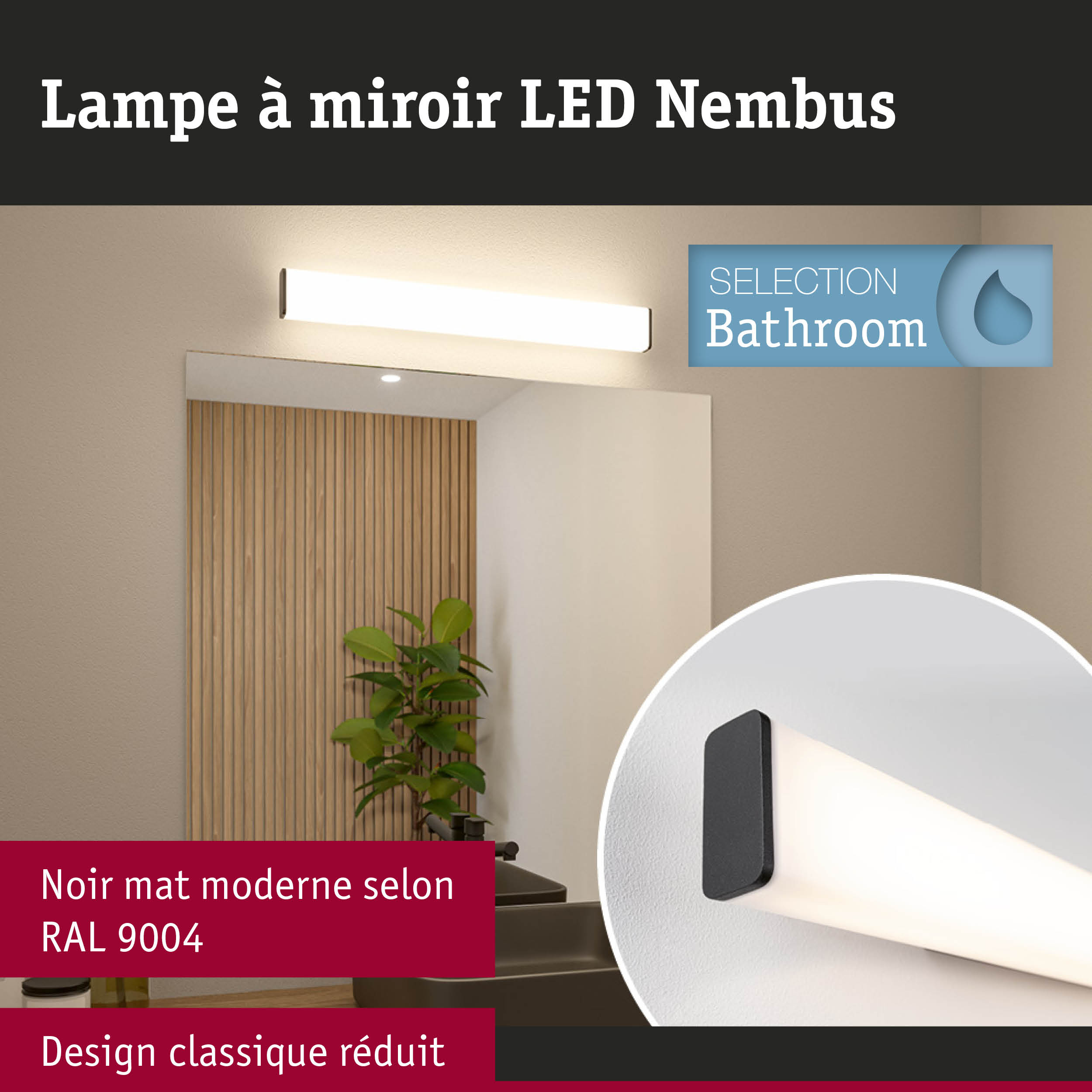 Lampe miroir LED Nimbus noir mat et blanc pour éclairage moderne de salle de bain