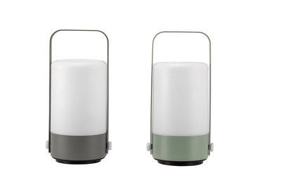 Two portable LED lanterns with white plastic shade and grey and green metal base for outdoor lighting