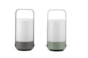 Two portable metal LED lanterns in grey and green with white diffuser for ambient lighting