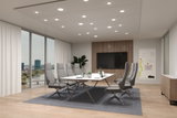 Modern conference room with grey chairs, white table and LED ceiling lights for office lighting