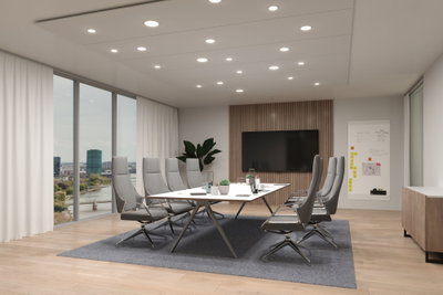Modern conference room with grey chairs, white table and LED ceiling lights for office lighting