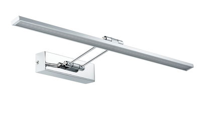 Modern LED picture light in chrome metal with adjustable arm for wall mounting and accent lighting