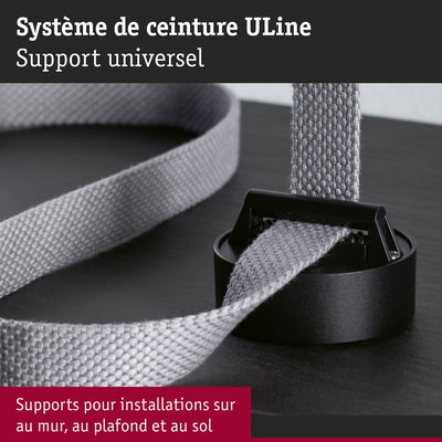 Système de ceinture ULine universel avec sangle textile grise et support noir pour montage mural et plafond