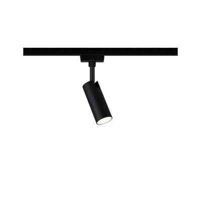 Schwarzer LED-Spot aus Metall an Schienensystem für flexible Beleuchtung im Innenraum