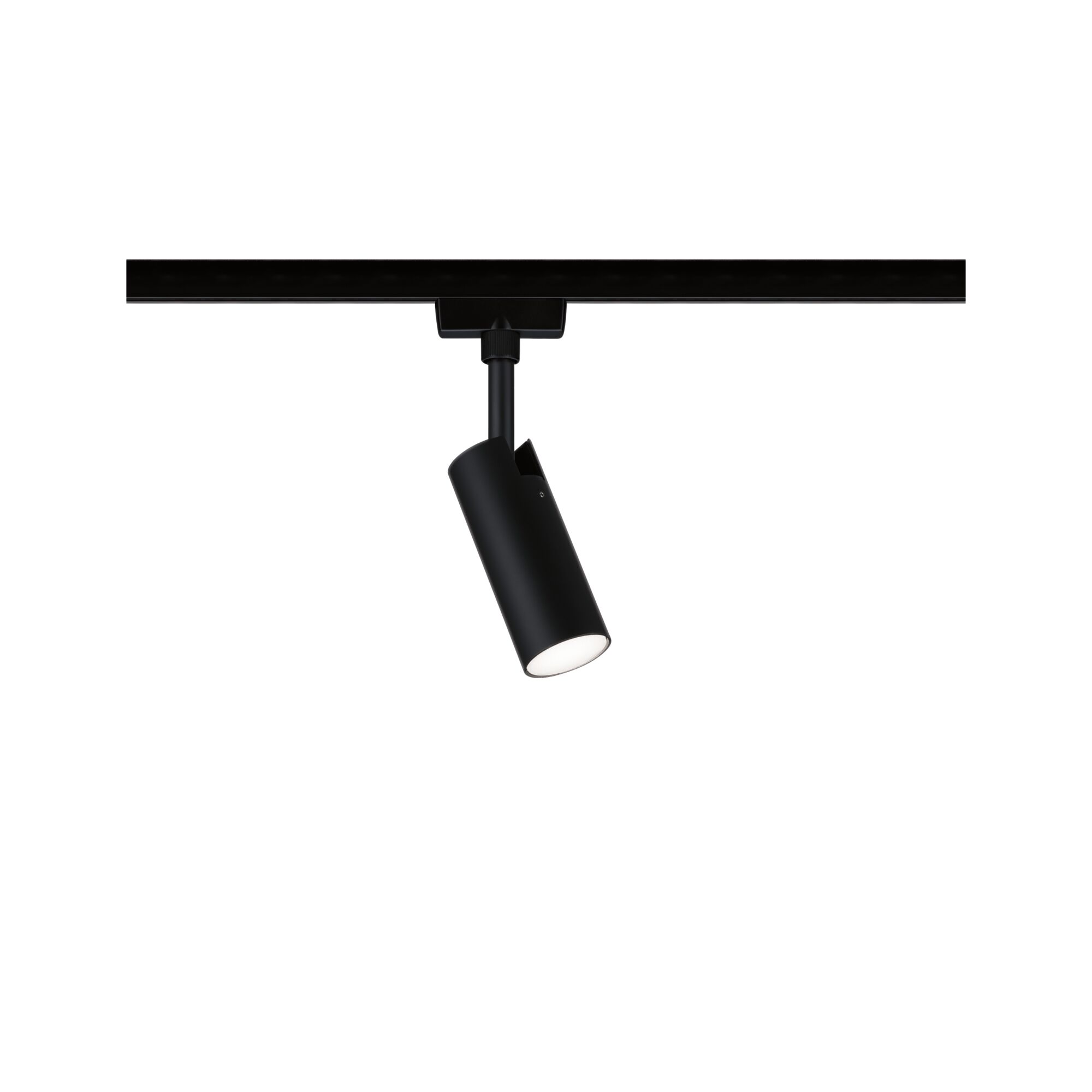 Schwarzer LED-Spot aus Metall an Schienensystem für flexible Beleuchtung im Innenraum