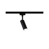 Schwarzer LED-Spot aus Metall an Schienensystem für flexible Beleuchtung im Innenraum