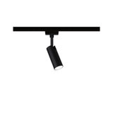 Schwarzer LED-Spot aus Metall an Schienensystem für flexible Beleuchtung im Innenraum