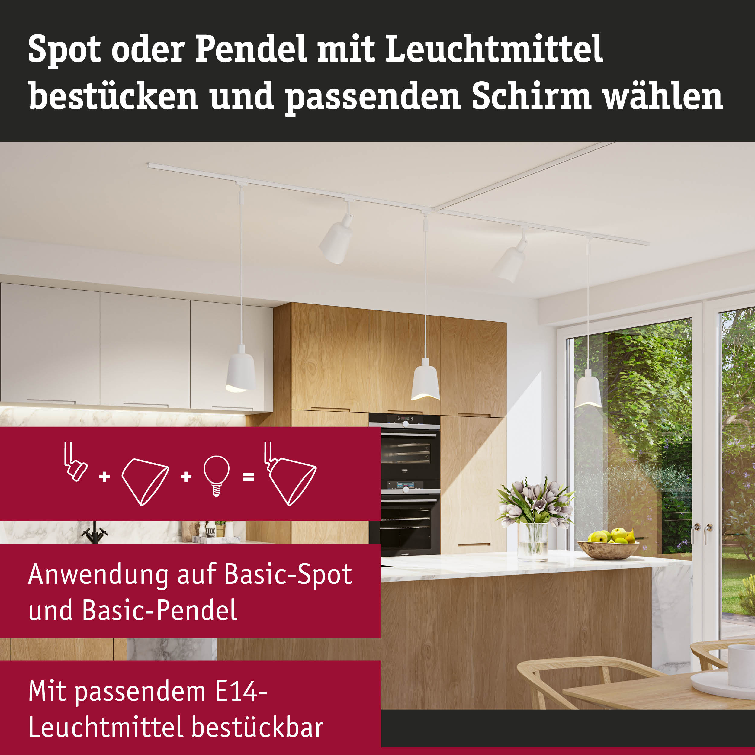 Weiße Pendel- und Spotleuchten in moderner Küche mit Holzfronten und großem Fenster