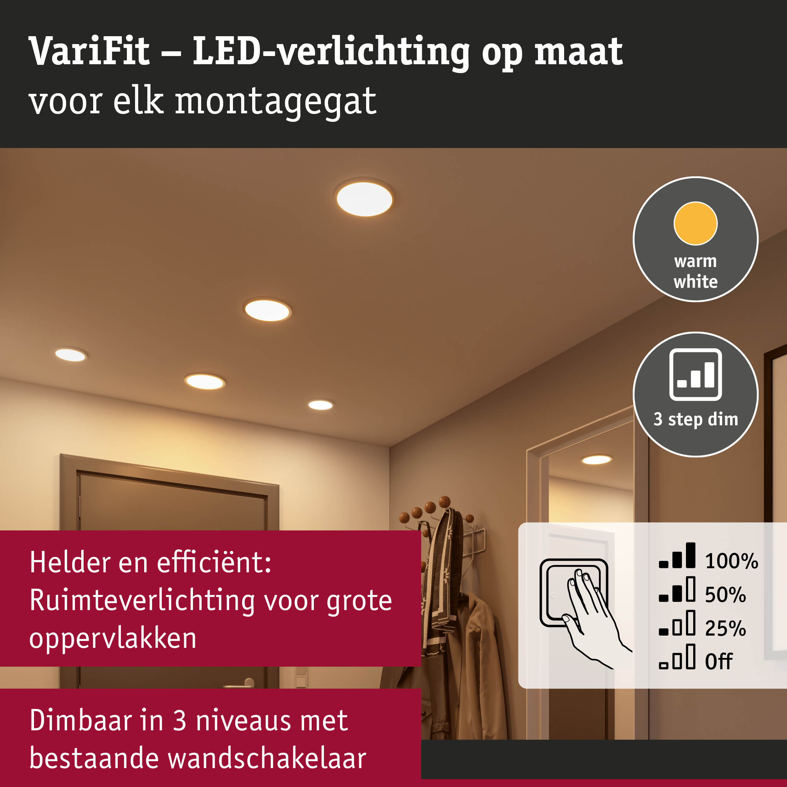 VariFit LED-verlichting in warm wit met 3-staps dimmer voor efficiënte ruimteverlichting