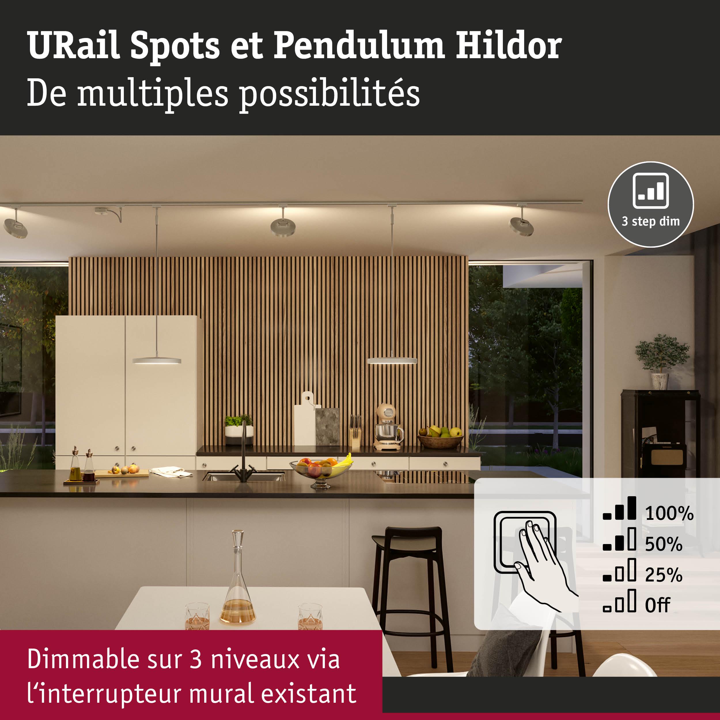 Cuisine moderne avec spots URail et suspensions Pendulum Hildor dimmables en blanc et bois