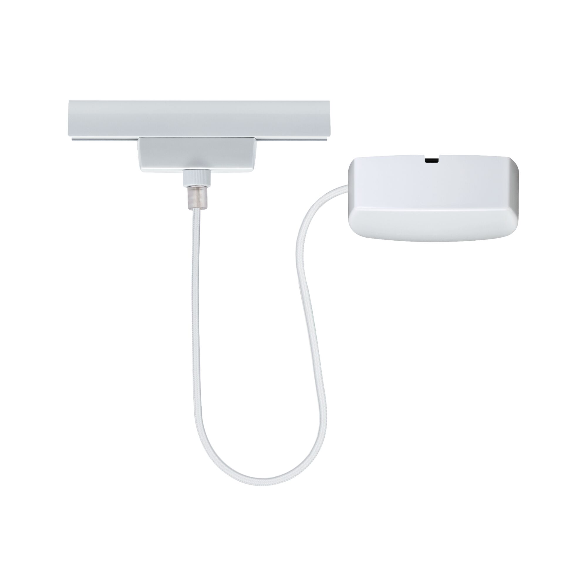 Weißes LED-Stromschienensystem mit Kabel und Anschlussbox aus Kunststoff für flexible Beleuchtung