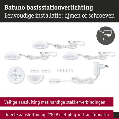 Wit Batuno basisstation LED-verlichtingsset met afstandsbediening en stekkerverbindingen voor eenvoudige installatie