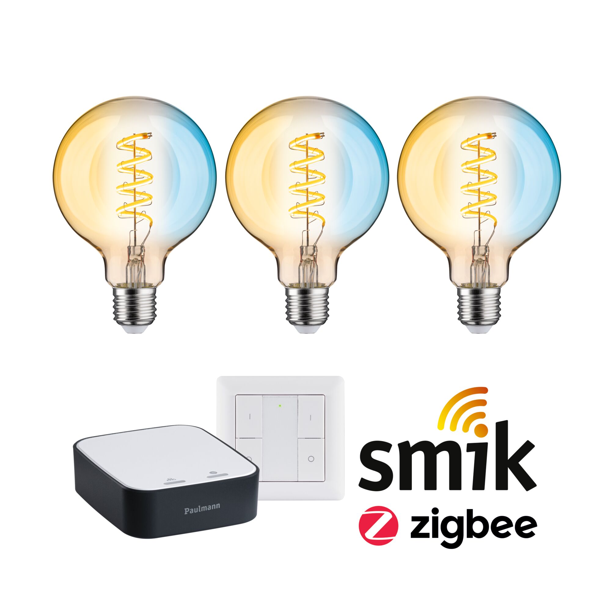 Drie LED-gloeilampen met spiraalfilament, wit-zwarte Smik Zigbee-controller en wandschakelaar voor slimme verlichting