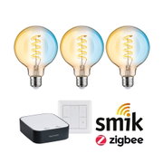 Trois ampoules LED filament spirale, contrôleur Smik Zigbee blanc-noir et interrupteur mural pour éclairage intelligent