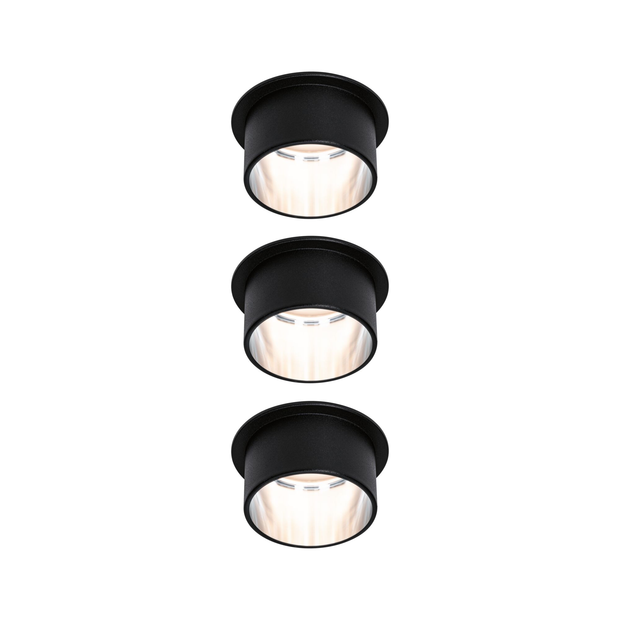Drei schwarze Einbau-LED-Spots aus Metall mit warmweißem Licht für moderne Raumbeleuchtung
