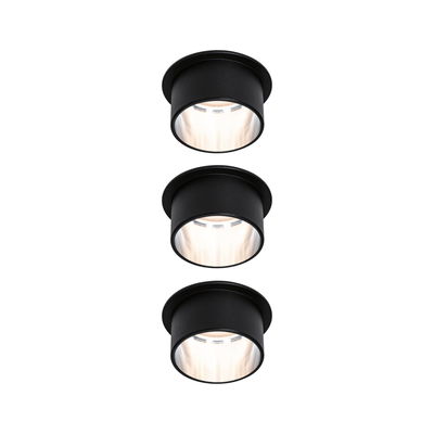 Drei schwarze Einbau-LED-Spots aus Metall mit warmweißem Licht für moderne Raumbeleuchtung